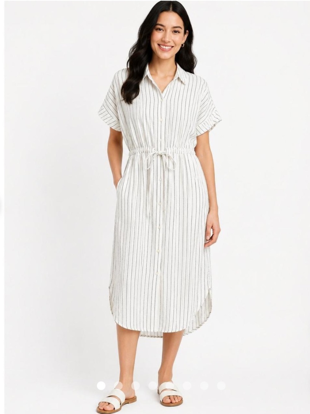 a new day Striped Button-Front Midi Dress with Belt Tie Defined Waist